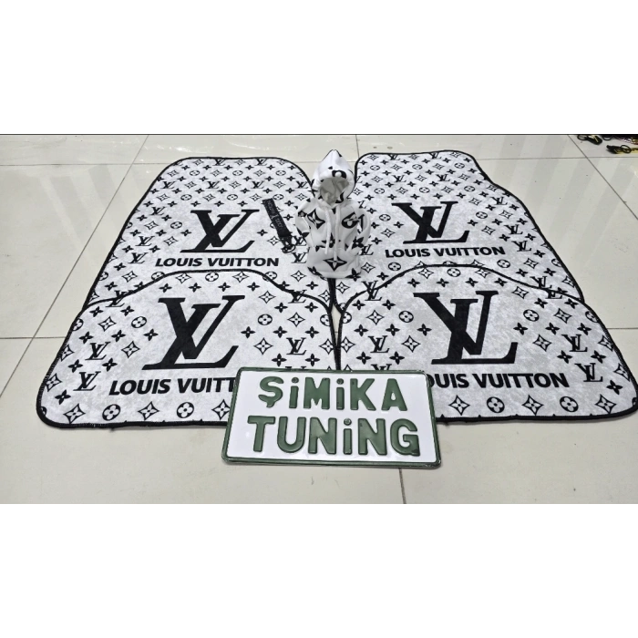 LV XL BEYAZ - SİYAH DEKOR OTO HALI PASPAS 4 PARÇA ÖN ARKA TAKIM VE VİTES POLARI(KUMAŞ ANAHTARLIK HEDİYELİ)