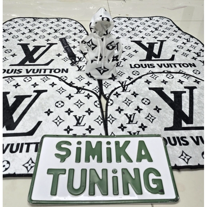 LV XL BEYAZ - SİYAH DEKOR OTO HALI PASPAS 4 PARÇA ÖN ARKA TAKIM VE VİTES POLARI(KUMAŞ ANAHTARLIK HEDİYELİ)