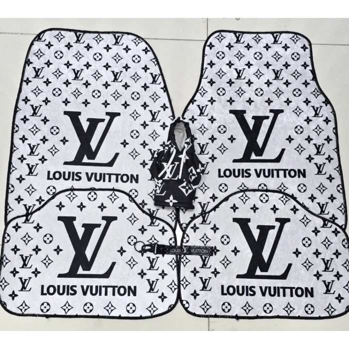 LV XL BEYAZ - SİYAH DEKOR OTO HALI PASPAS 4 PARÇA ÖN ARKA TAKIM VE VİTES POLARI(KUMAŞ ANAHTARLIK HEDİYELİ)