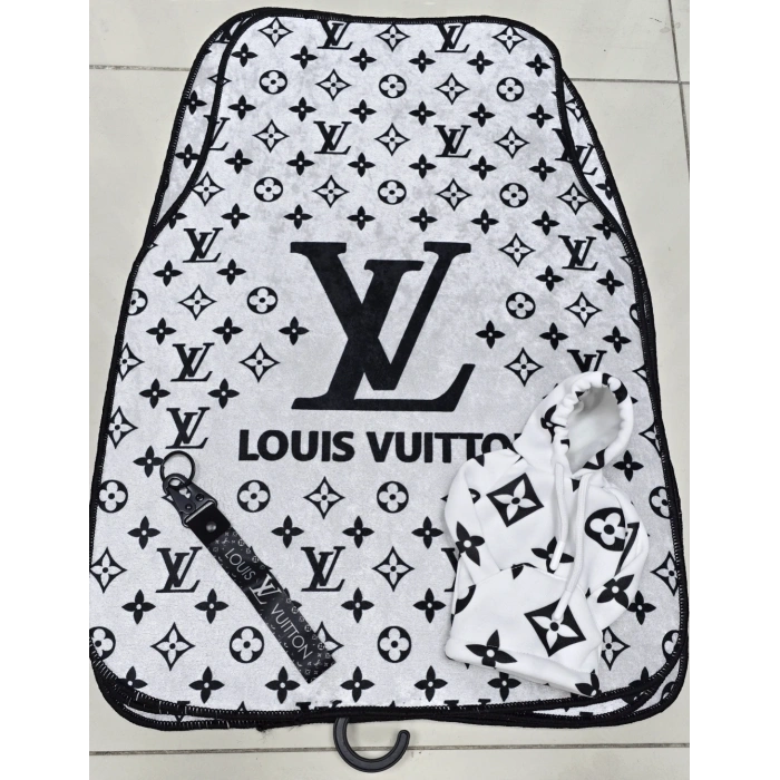 LV XL BEYAZ - SİYAH DEKOR OTO HALI PASPAS 4 PARÇA ÖN ARKA TAKIM VE VİTES POLARI(KUMAŞ ANAHTARLIK HEDİYELİ)