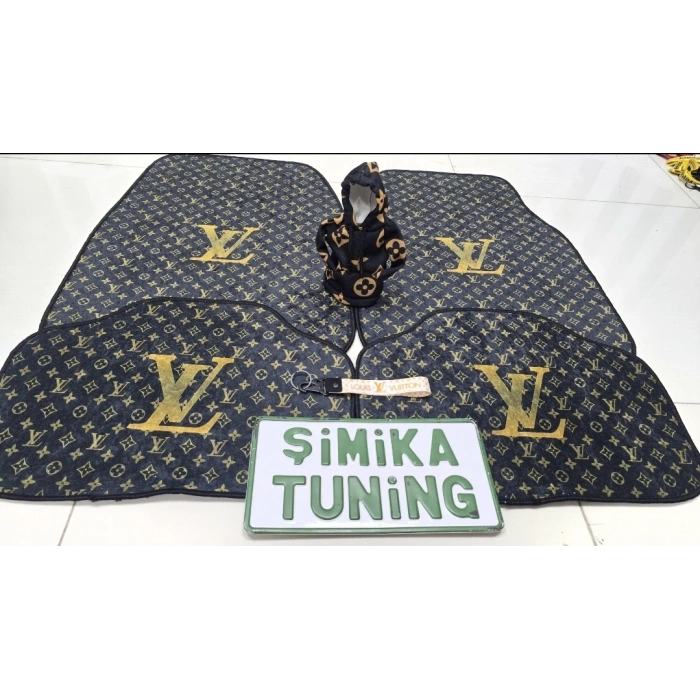LV XL SİYAH DEKOR OTO HALI PASPAS 4 PARÇA ÖN ARKA TAKIM VE VİTES TOPUZU KILIFI (KUMAŞ ANAHTARLIK HEDİYELİ) ARAÇ VİTES POLARI