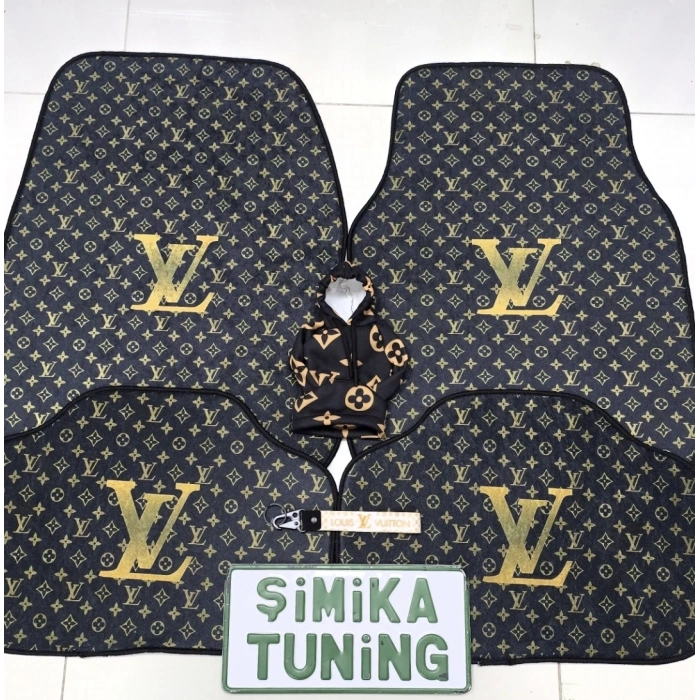 LV XL SİYAH DEKOR OTO HALI PASPAS 4 PARÇA ÖN ARKA TAKIM VE VİTES TOPUZU KILIFI (KUMAŞ ANAHTARLIK HEDİYELİ) ARAÇ VİTES POLARI