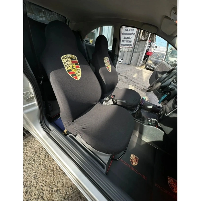 PORSHE SİYAH OTO SERVİS KILIFI ÖN VE ARKA 4PARÇA TAKIM (ARKA LOGOLU) ESNEK 1.KALİTE YIKANABİLİR PENYE HER ARACA UYGUN