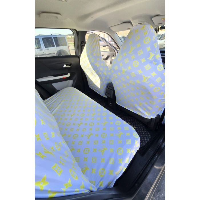 LV DESEN BEYAZ-SARI DESEN SERVİS KILIFI ÖN VE ARKA 4PARÇA TAKIM 1.KALİTE LİKRALİ PENYE YIKANABİLİR HER ARACA UYUMLU