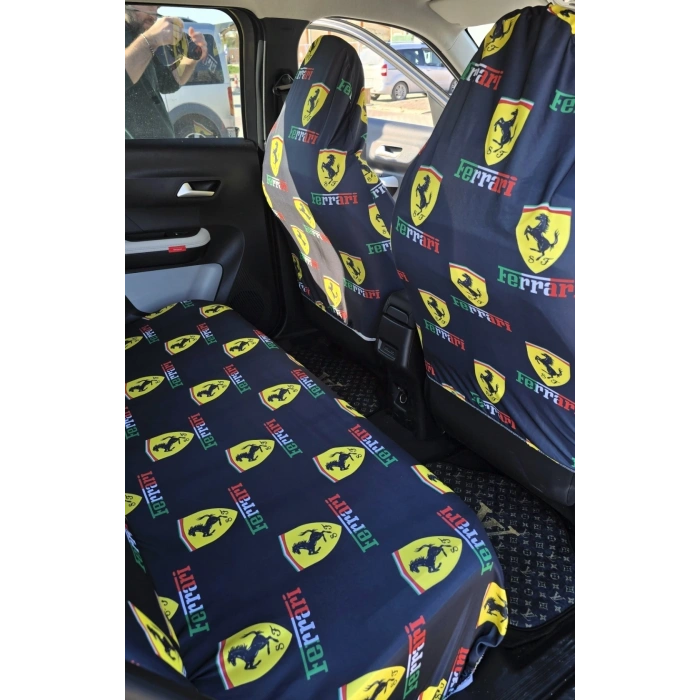 FERRARİ DEKOR OTOMOBİL 3D BASKILI SERVİS KILIFI ÖN VE ARKA 4PARÇA TAKIM 1.KALİTE LİKRALİ PENYE YIKANABİLİR HER ARACA UYUMLU