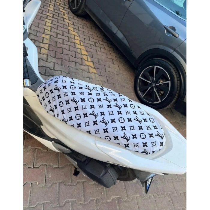 LV BEYAZ DESENLİ MOTORSİKLET SELE KILIFI 1.KALİTE LİKRALİ PENYE YIKANABİLİR
