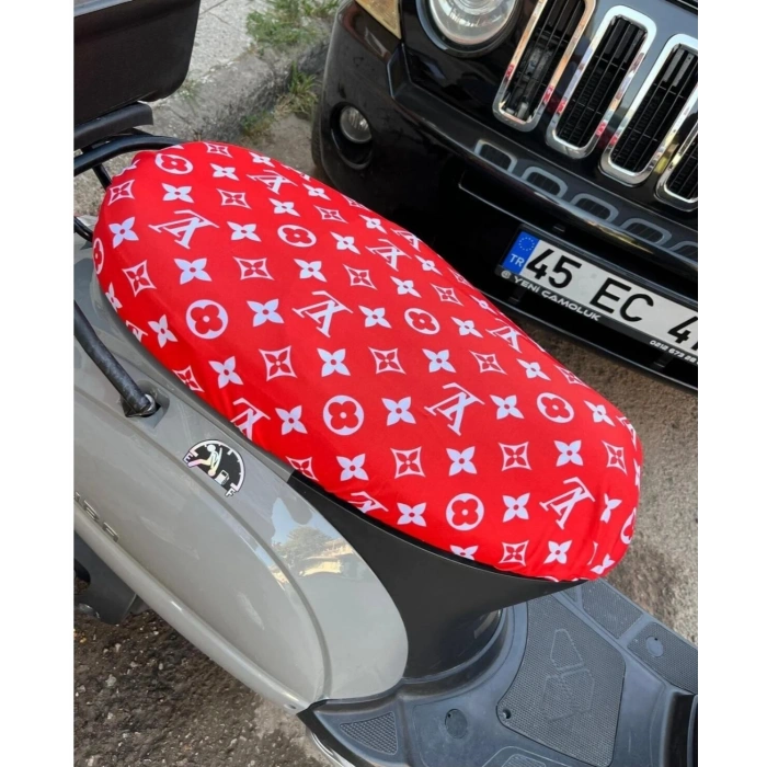 LV DESEN KIRMIZI BEYAZ MOTORSİKLET SELE KILIFI 1.KALİTE LİKRALİ PENYE YIKANABİLİR