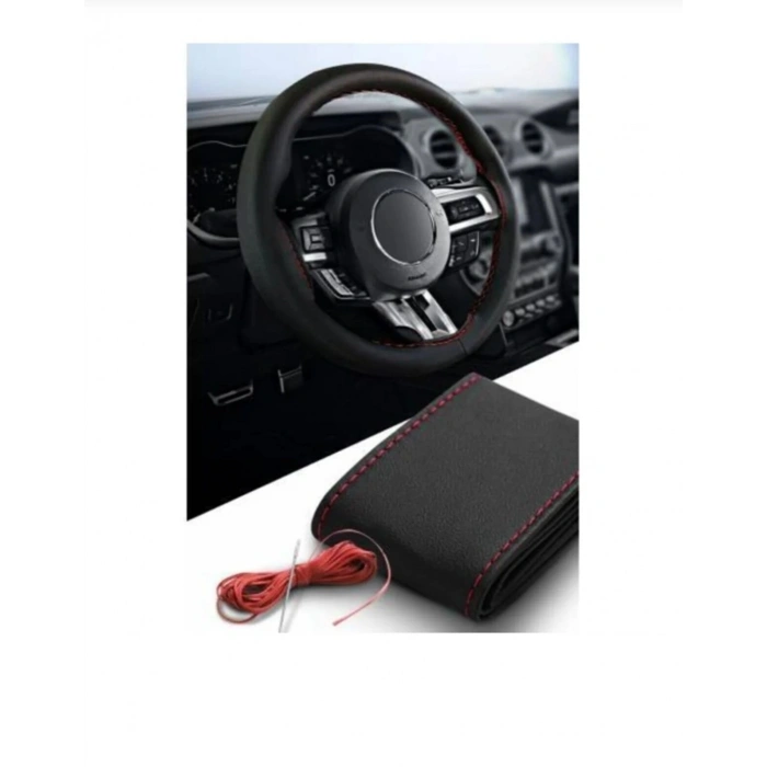 OTOMOBİL SİYAH DÜZ SUNİ DERİ (KIRMIZI İPLİ) DİKMELİ DİREKSİYON KILIFI (RAGLE HEDİYELİ)