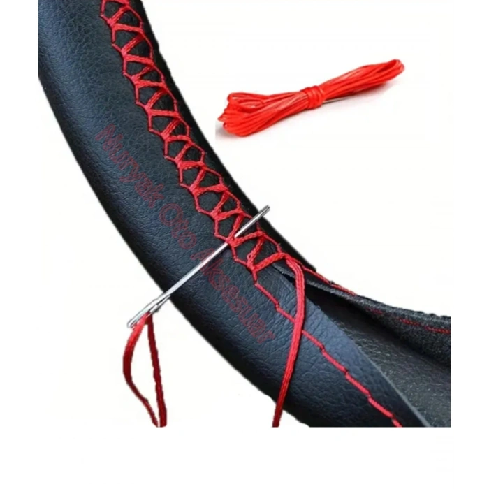 OTOMOBİL SİYAH DÜZ SUNİ DERİ (KIRMIZI İPLİ) DİKMELİ DİREKSİYON KILIFI (RAGLE HEDİYELİ)