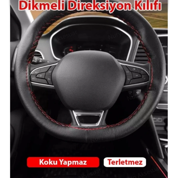 OTOMOBİL SİYAH DÜZ SUNİ DERİ (KIRMIZI İPLİ) DİKMELİ DİREKSİYON KILIFI (RAGLE HEDİYELİ)