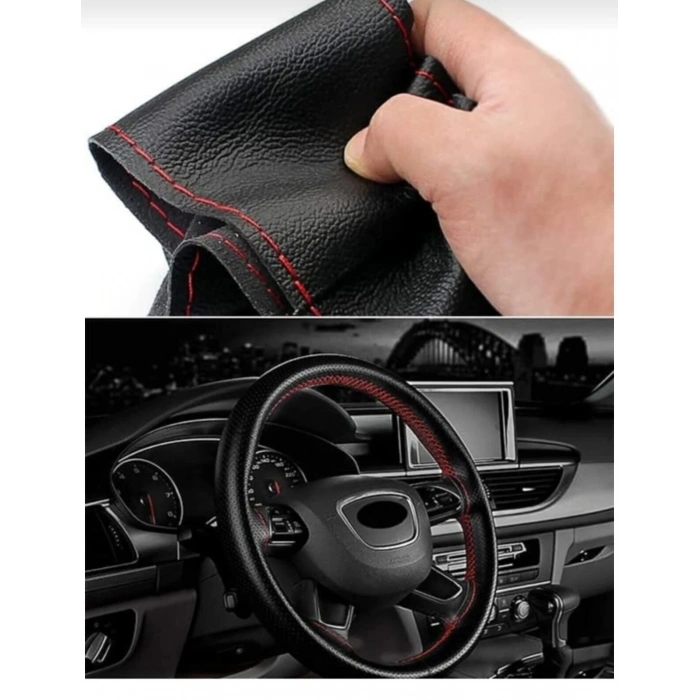 OTOMOBİL SİYAH DÜZ SUNİ DERİ (KIRMIZI İPLİ) DİKMELİ DİREKSİYON KILIFI (RAGLE HEDİYELİ)