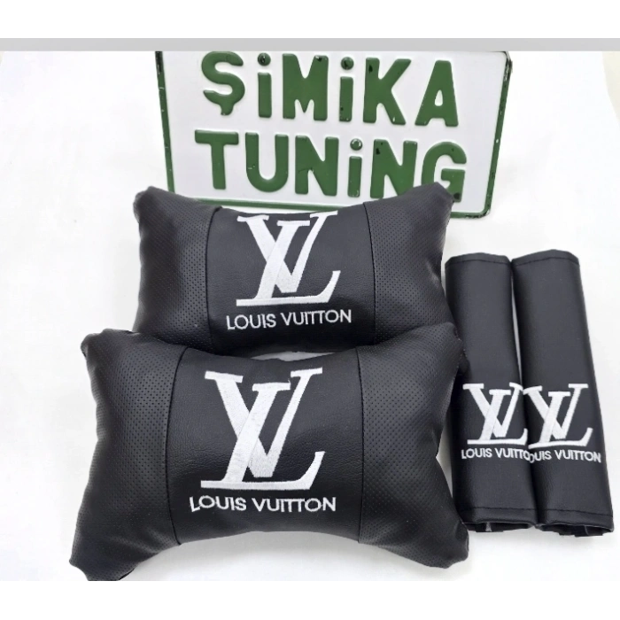 LV SİYAH NAKIŞLI 2Lİ DERİ YASTIK VE 2Lİ KEMER KILIFI OTO KONFOR BAŞLIK SETİ