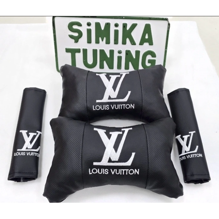LV SİYAH NAKIŞLI 2Lİ DERİ YASTIK VE 2Lİ KEMER KILIFI OTO KONFOR BAŞLIK SETİ
