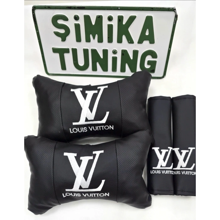 LV SİYAH NAKIŞLI 2Lİ DERİ YASTIK VE 2Lİ KEMER KILIFI OTO KONFOR BAŞLIK SETİ