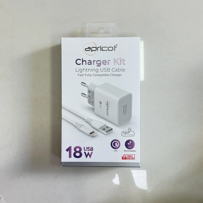 APRİCOT LİGHTNİNG VE USB UÇLU ŞARJ KABLOSU VE ADAPTÖR 18W