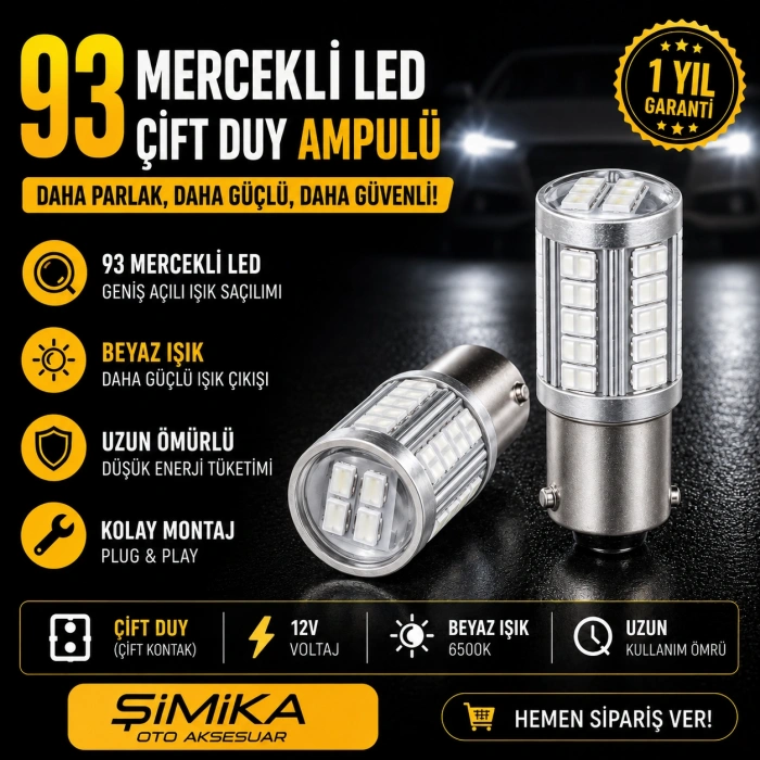 93 Mercekli Beyaz LED Stop ve Sinyal Ampulü 12V 2 adet