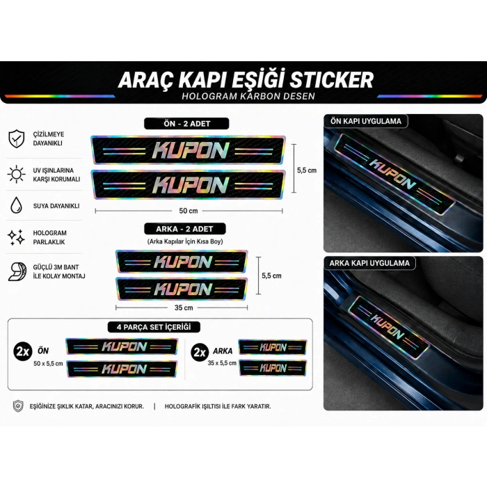 KUPON Araç Kapı Eşiği Sticker 4 Parça Set – Hologram Karbon Desen 2 Ön 2 Arka – 50 cm / 35 cm
