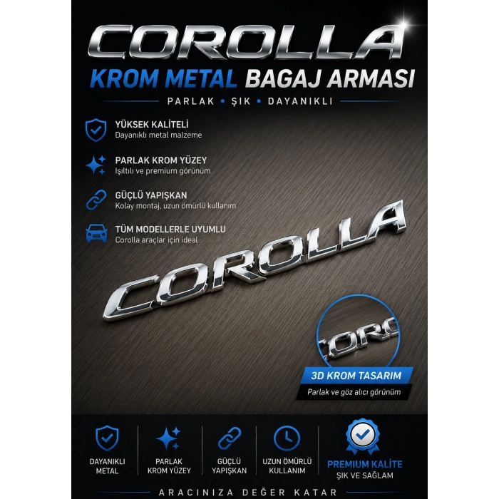 Toyota Corolla Krom Metal Bagaj Arması – Parlak 3D Logo
