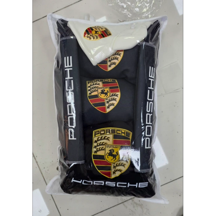 SİYAH PORSCHE SÜPER SET DÖRTLÜ SERVİS KILIFI + İKİLİ YASTIK VE KEMER KILIFI +VİTES POLARI