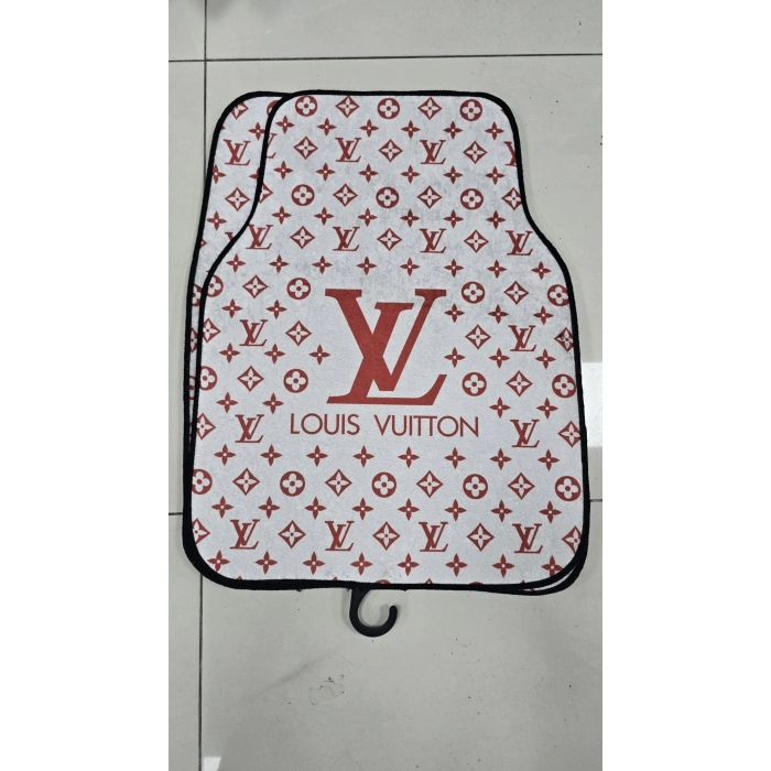 LV BEYAZ KIRMIZI DESENLİ DESEN KAYMAZ TABAN DEKORATİF OTO HALI PASPAS ÜNİVERSAL YIKANABİLİR HER ARACA UYUMLU