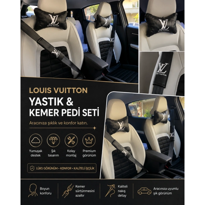 LV SİYAH OTO SERVİS KILIFI ÖN VE ARKA 4PARÇA TAKIM 1.KALİTE VE DERİ YASTIK VE KEMER KILIFI KONFOR BAŞLIK SETİ