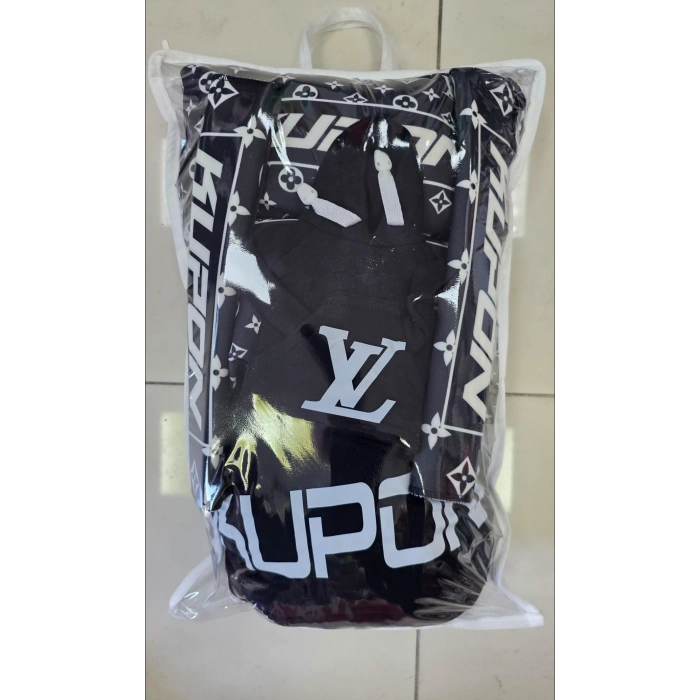 SİYAH LV DESENLİ KUPON SÜPER SET DÖRTLÜ SERVİS KILIFI + İKİLİ YASTIK VE KEMER KILIFI +VİTES POLARI