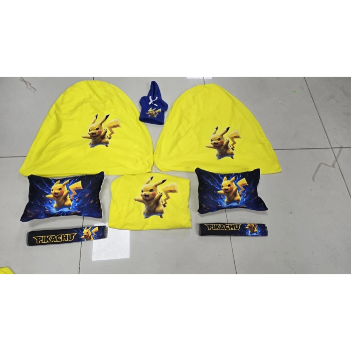PİKACHU SARI SÜPER SET DÖRTLÜ SERVİS KILIFI + İKİLİ YASTIK VE KEMER KILIFI +VİTES POLARI