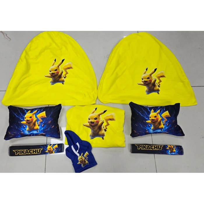 PİKACHU SARI SÜPER SET DÖRTLÜ SERVİS KILIFI + İKİLİ YASTIK VE KEMER KILIFI +VİTES POLARI