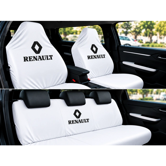 Renault Beyaz Oto Servis Kılıfı 1.kalite Penye kumaş Ön Arka takım 4 parça (Arka logolu) yikanabilir esnek likrali