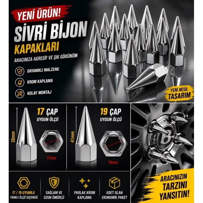 Sivri Bijon 17 Çap Krom kaplı Bijon Kapaklari 20 adet