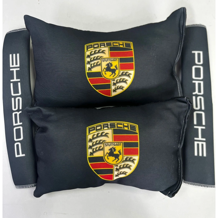 SİYAH PORSCHE İKİLİ YASTIK VE KEMER KILIFI SETİ