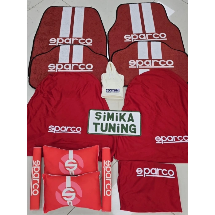 SPARCO KIRMIZI DEKOR HALI PASPAS VE SERVİS KILIFI /2Lİ BOYUN YASTIĞI VE 2Lİ KEMER KILIFI(vites polar hediyeli)