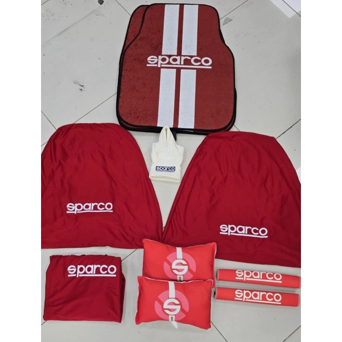 SPARCO KIRMIZI DEKOR HALI PASPAS VE SERVİS KILIFI /2Lİ BOYUN YASTIĞI VE 2Lİ KEMER KILIFI(vites polar hediyeli)