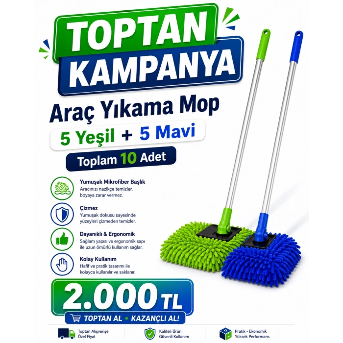 10 adet Teleskopik Araba Yıkama Mopu_Mikrofiber Başlıklı, Çizmez yüzey Araba Fırçası (yedeksiz)