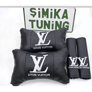 LV SİYAH NAKIŞLI 2Lİ DERİ YASTIK VE 2Lİ KEMER KILIFI OTO KONFOR BAŞLIK SETİ