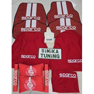 SPARCO KIRMIZI DEKOR HALI PASPAS VE SERVİS KILIFI /2Lİ BOYUN YASTIĞI VE 2Lİ KEMER KILIFI(vites polar hediyeli)