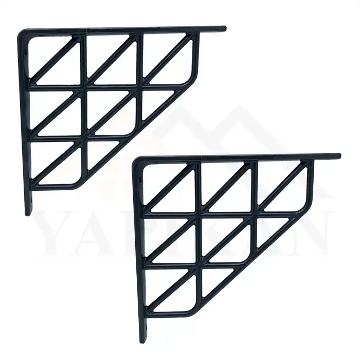 Üçgen Desenli Plastik Siyah Dekoratif Raf Altı L Ayak 17x18cm - Duvara Raf Tutucu Montaj Askı Aparatı - Mutfak, Banyo, Koridor, Balkon, Çiçeklik Raf Ayağı