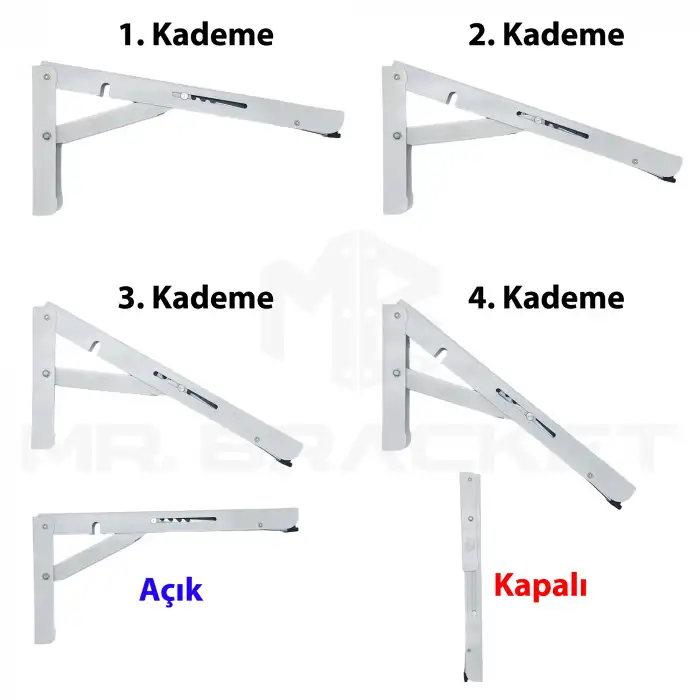 40cm Beyaz 1-Takım - Kademeli Mandallı Katlanabilir Masa Konsolu - Duvara Monte Katlanır L Raf Ayağı