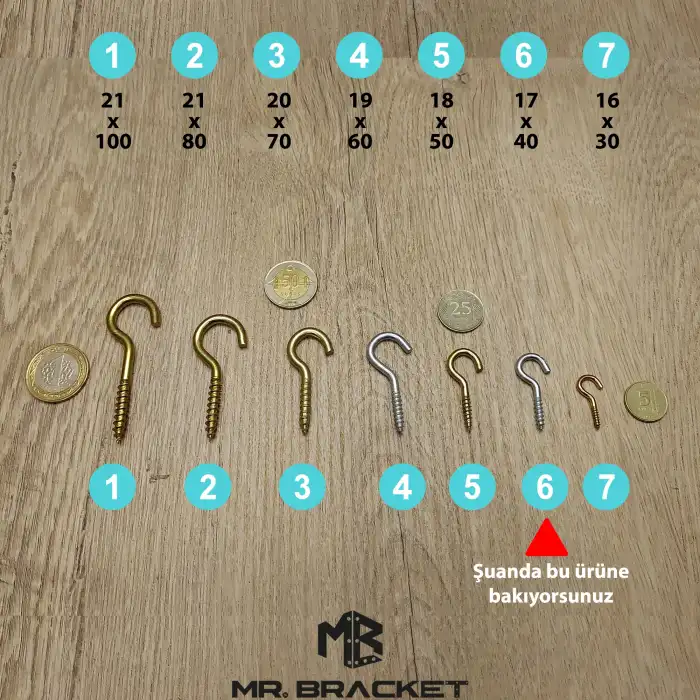 10 ad. Açık Piton Kanca 17x40 - Tavana Duy Avize Asma Kancası Demir - Duvara İp Halat Askı Aparatı