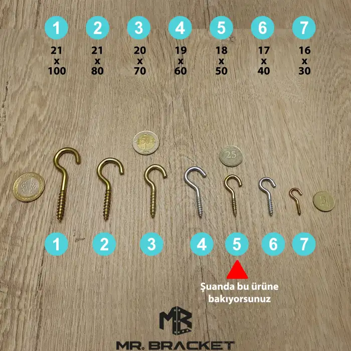 10 ad. Açık Piton Kanca 18x50 - Tavana Duy Avize Asma Kancası Demir - Duvara İp Halat Askı Aparatı