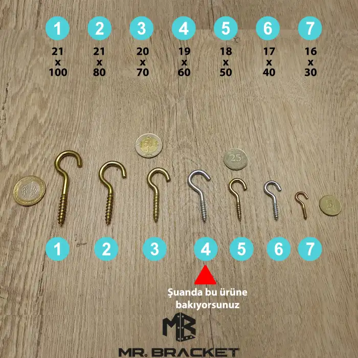 10 ad. Açık Piton Kanca 19x60 - Tavana Duy Avize Asma Kancası Demir - Duvara İp Halat Askı Aparatı