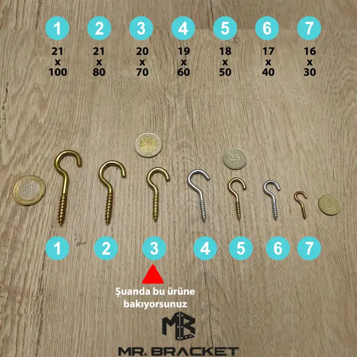 10 ad. Açık Piton Kanca 20x70 - Tavana Duy Avize Asma Kancası Demir - Duvara İp Halat Askı Aparatı