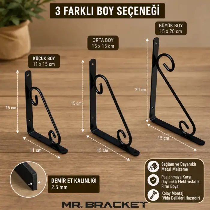 11x15cm- 2 ad. Siyah Ferforje Ayağı Raf Altı Tutucu Ayak - Metal L Demir Duvar Montaj Destek Aparatı