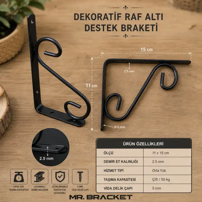 11x15cm- 2 ad. Siyah Ferforje Ayağı Raf Altı Tutucu Ayak - Metal L Demir Duvar Montaj Destek Aparatı
