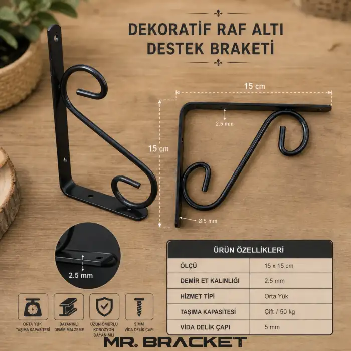 15x15cm- 2 ad. Siyah Ferforje Ayağı Raf Altı Tutucu Ayak - Metal L Demir Duvar Montaj Destek Aparatı