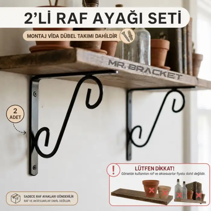 15x15cm- 2 ad. Siyah Ferforje Ayağı Raf Altı Tutucu Ayak - Metal L Demir Duvar Montaj Destek Aparatı