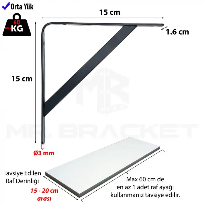 15x15cm - 2 ad. Siyah Modern Raf Altı Ayak - Metal Raf Tutucu L Demir Duvar Montaj Destek Aparatı