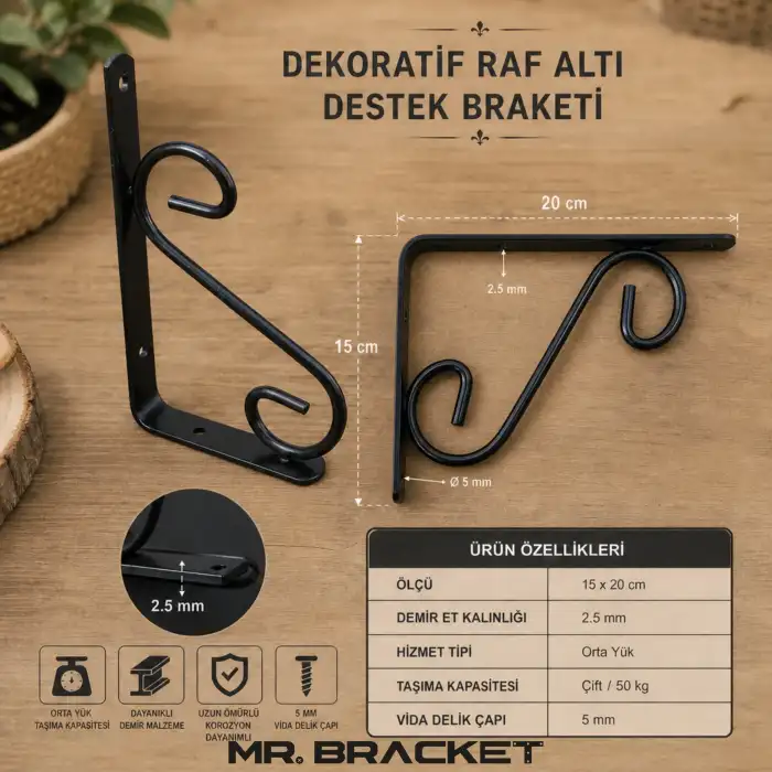 15x20cm- 2 ad. Siyah Ferforje Ayağı Raf Altı Tutucu Ayak - Metal L Demir Duvar Montaj Destek Aparatı