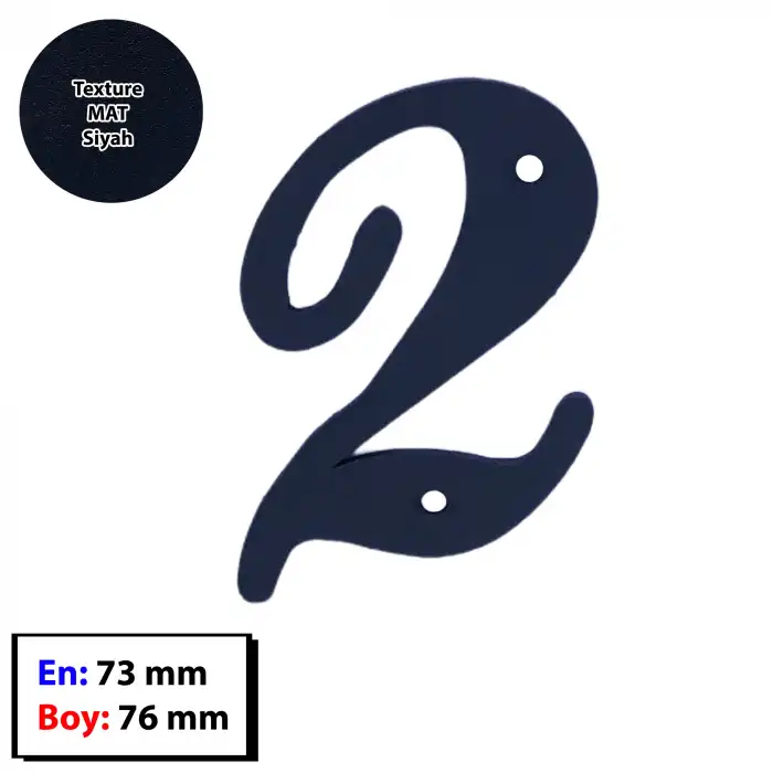 2 Numara - Dekoratif Texture Mat Siyah Ferforje Demir Kapı Numarası 2 No - Bina Kapısı, Ahşap Panjur Kapı, Daire Kapısı, Bahçe Kapısı Metal Vidalı Kapı Numarası