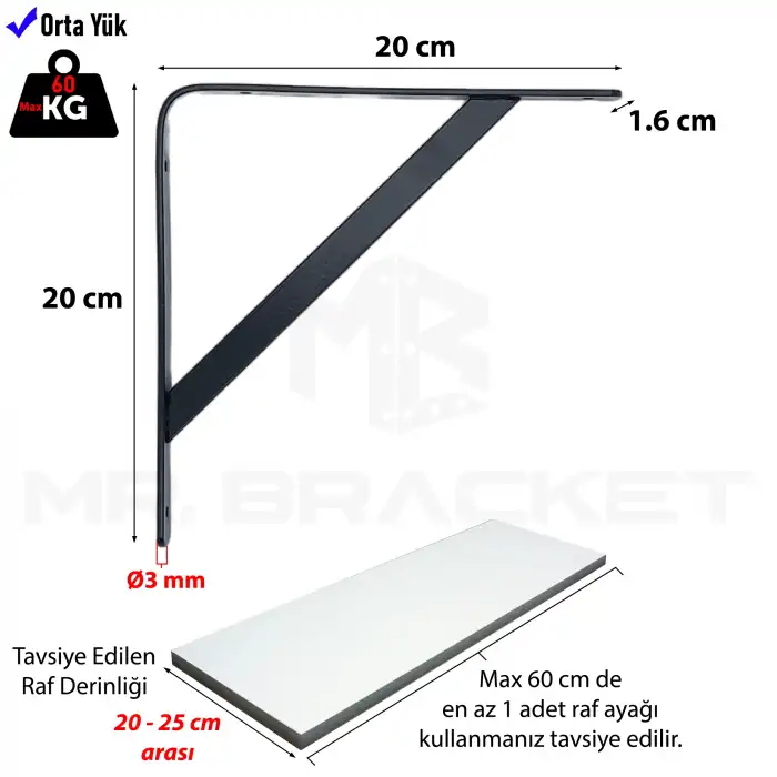 20x20cm - 2 ad. Siyah Modern Raf Altı Ayak - Metal Raf Tutucu L Demir Duvar Montaj Destek Aparatı